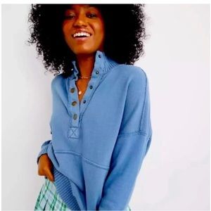 Aerie Oh Snap Weekend Henley Mock Neck Sweatshirt in Blue Size Small